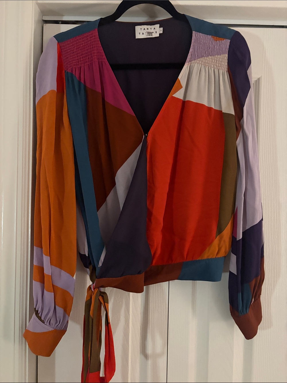Tanya Taylor Multicolor Geometric Wrap Blouse in Red, Orange, Blue, Purple